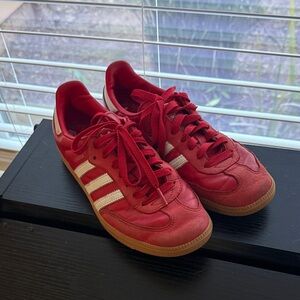 Adidas Red Sneakers with Cream Stripes